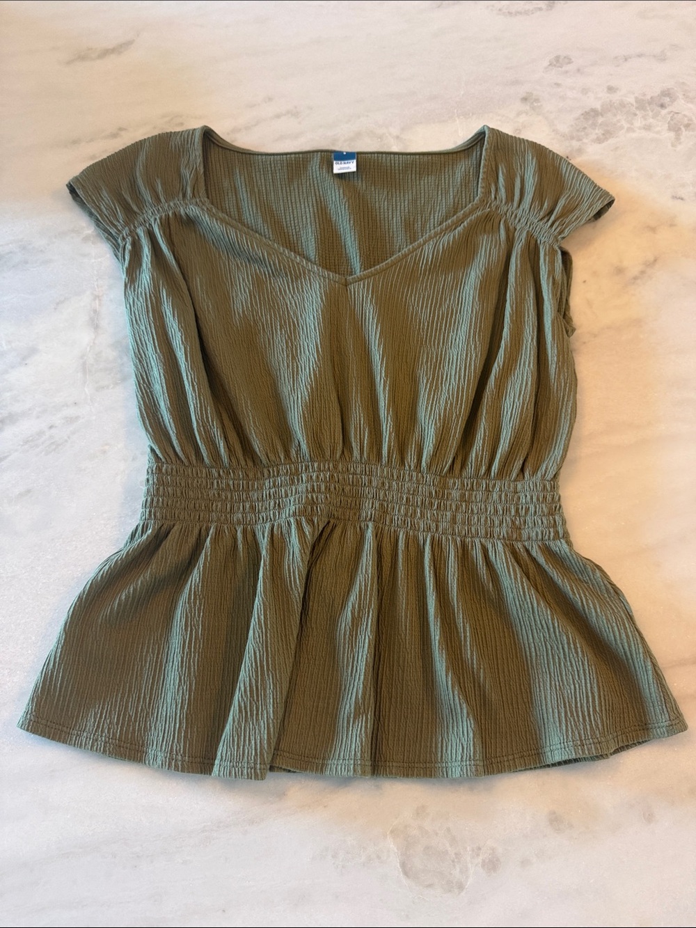 Old Navy Olive Green Smocked Peplum Short-Sleeve Top
